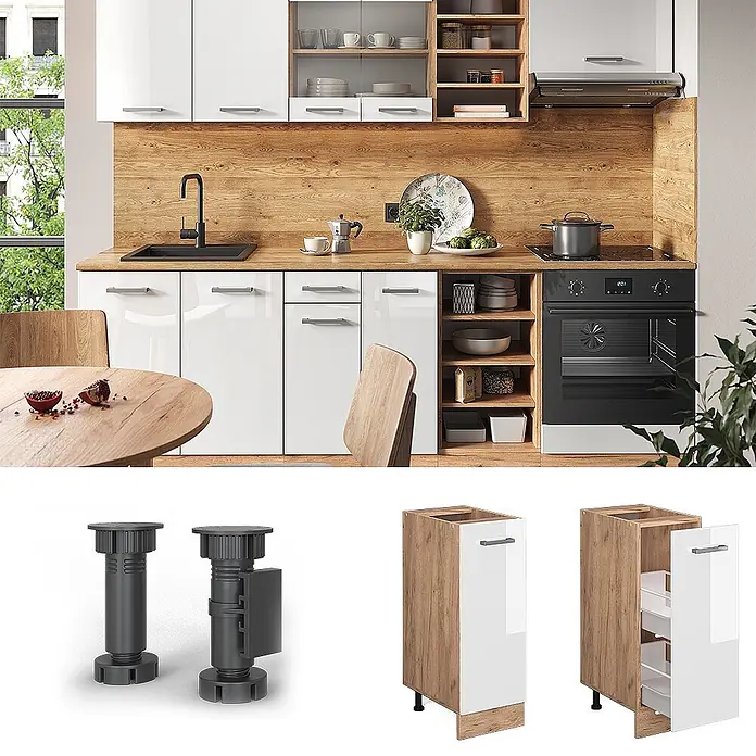 Vicco Schrankküche R-Line Weiß Hochglanz ohne Arbeitsplatte - Weiß Hochglanz, Apothekerunterschrank 30 cm