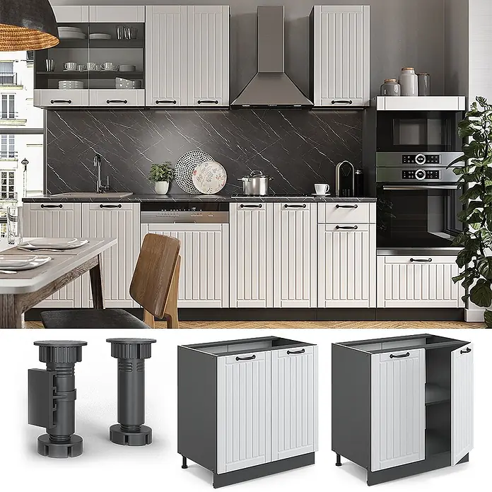 Vicco Schrankküche Fame-Line Weiß Landhaus mit Regal, ohne Arbeitsplatte - Weiß Landhaus, Unterschrank 80 cm