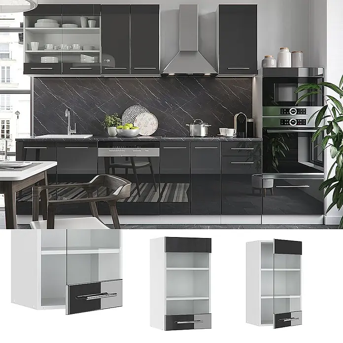 Vicco Schrankküche Fame-Line Anthrazit Hochglanz - Anthrazit Hochglanz, Hängeglasschrank 40 cm - Moderne Küche mit dunkelgrauen Hochglanzschränken, schwarzer Marmor-Rückwand und integrierten Geräten. Weiß-schwarze Vitrinenmodule ebenfalls abgebildet.