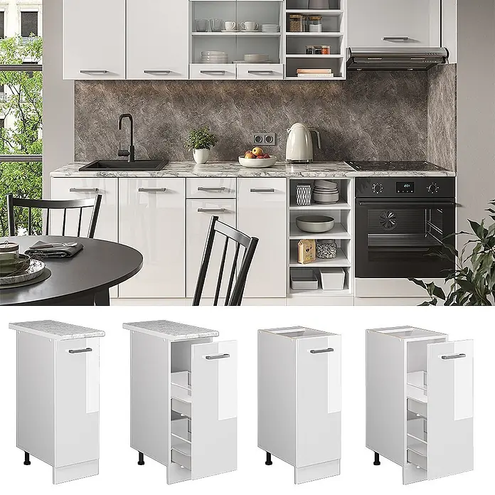 Vicco Schrankküche R-Line Weiß Hochglanz ohne Arbeitsplatte - Weiß Hochglanz, Apothekerunterschrank 30 cm