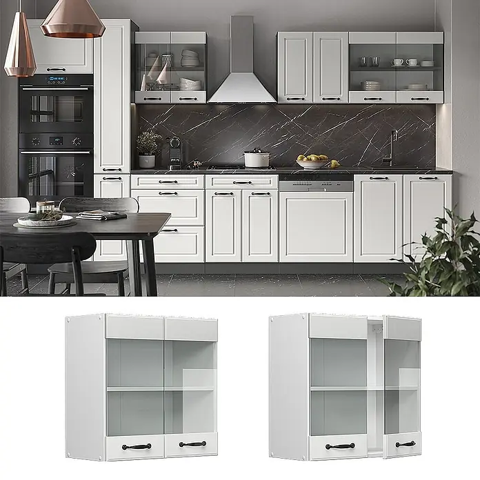 Vicco Schrankküche R-Line Weiß Landhaus - Weiß Landhaus, Hängeglasschrank 60 cm