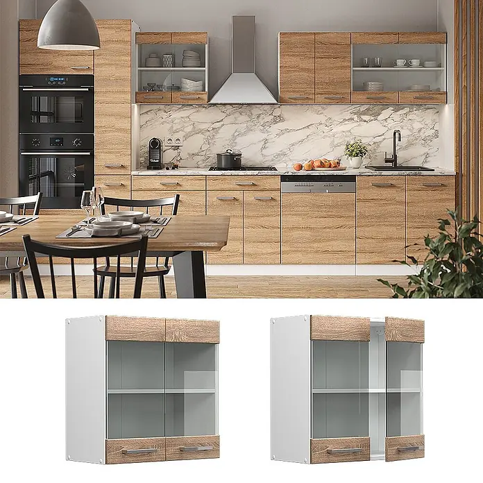 Vicco Schrankküche R-Line Sonoma - Sonoma, Hängeglasschrank 60 cm - Küchen-Hängeschrank in heller Holzoptik und Weiß mit Glastüren und Griffen. Geschlossen und offen gezeigt.