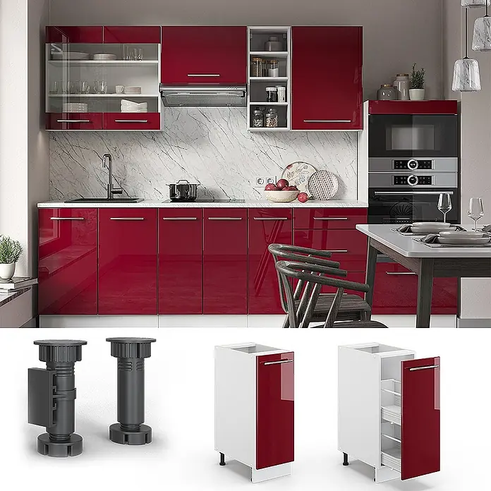 Apothekerschrank Fame-Line 30 cm Bordeaux Hochglanz Art.-Nr. 36468 -  - Rote Hochglanzküche mit modularen Schränken, verstellbaren Füßen und Auszugsschrank.