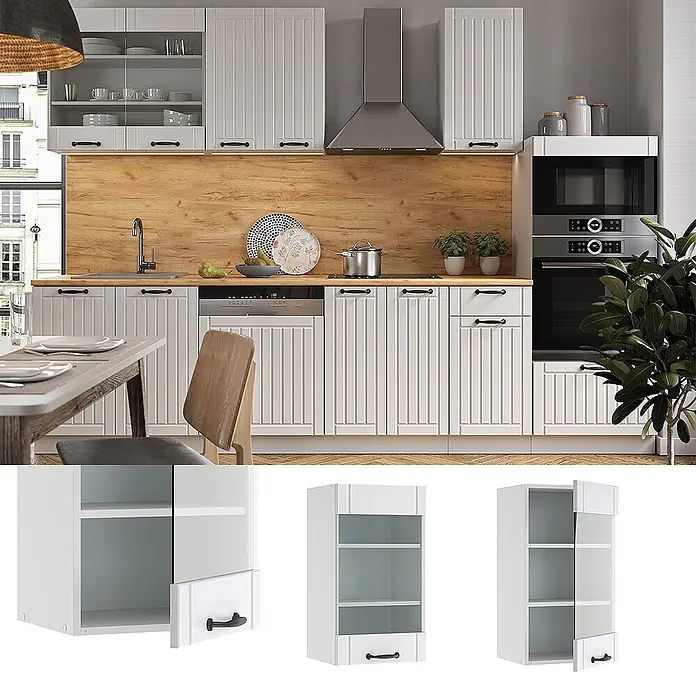 Vicco Schrankküche Fame-Line Weiß Landhaus - Weiß Landhaus, Hängeglasschrank 40 cm - Moderne helle Küchenschränke mit Kassettentüren und schwarzen Griffen in einer stilvollen Küche.