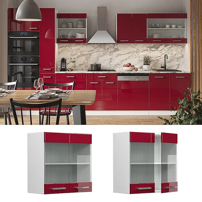 Vicco Schrankküche R-Line Rot Hochglanz - Rot Hochglanz, Hängeglasschrank 60 cm - Hochglanz-Rot und weiße Glasfront-Küchenoberschrankeinheit, in moderner Küche gezeigt und isoliert für Details.