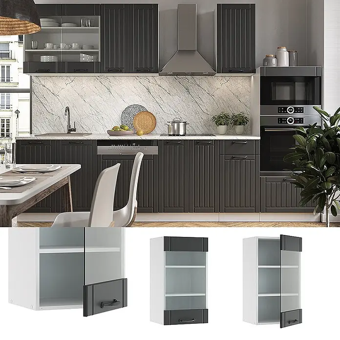 Vicco Schrankküche Fame-Line Anthrazit Landhaus - Dunkelgrau, Hängeglasschrank 40 cm