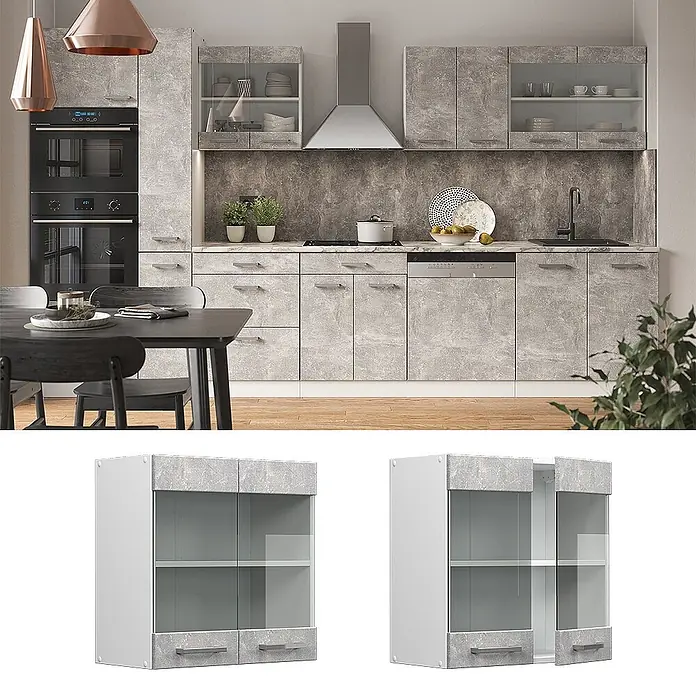 Vicco Schrankküche R-Line Beton - Beton, Hängeglasschrank 60 cm - Grauer Küchenwandschrank in Marmoroptik mit Glastüren, geschlossen und offen dargestellt.