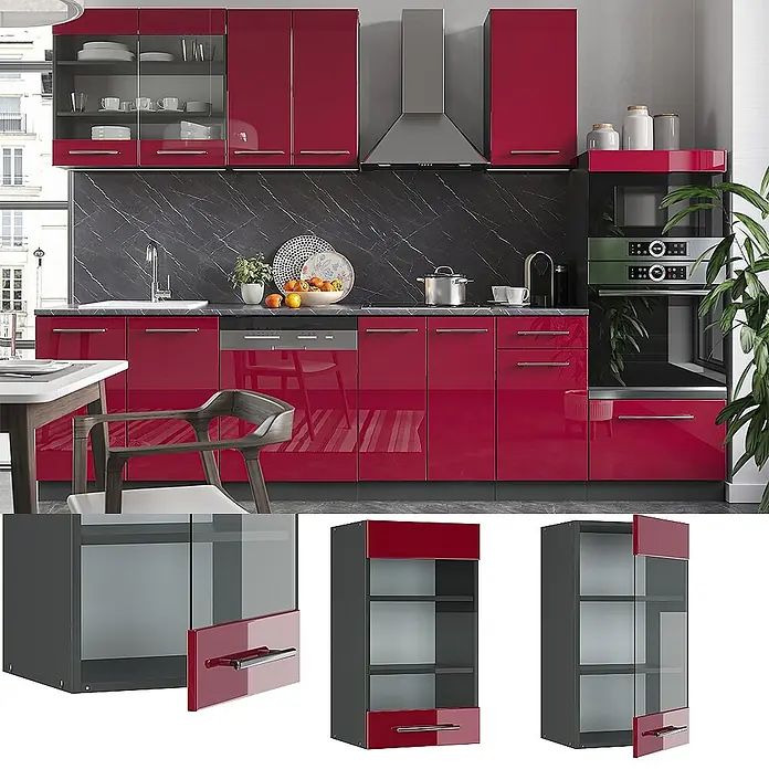 Vicco Schrankküche Fame-Line Bordeaux Hochglanz - Bordeaux Hochglanz, Hängeglasschrank 40 cm
