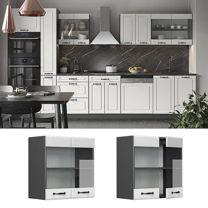 Vicco Schrankküche R-Line Weiß Landhaus - Weiß Landhaus, Hängeglasschrank 60 cm