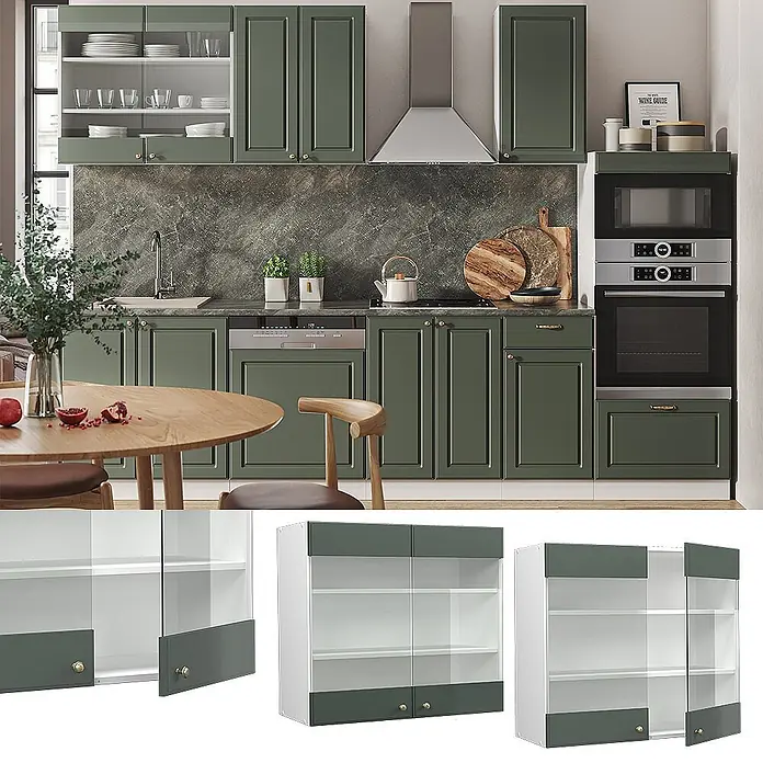 Vicco Schrankküche Fame-Line Grün-Gold Landhaus - Grün-Gold Landhaus, Hängeglasschrank 80 cm