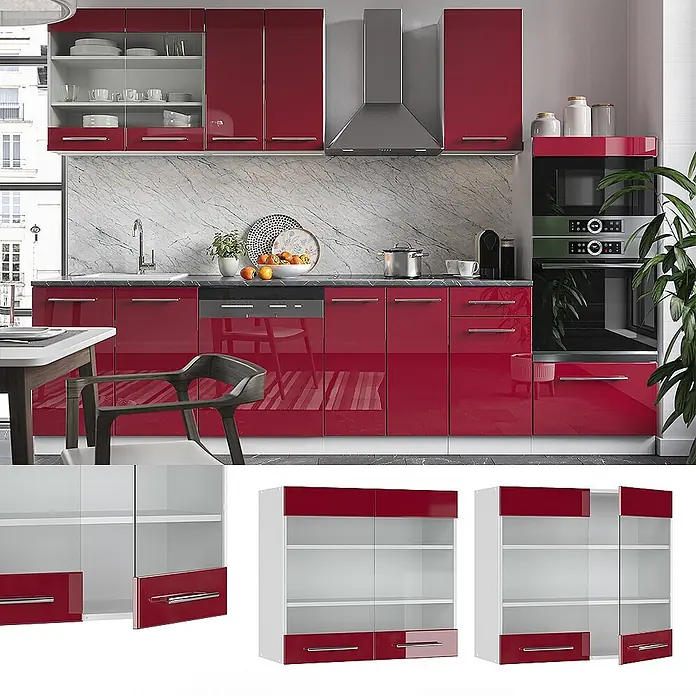 Vicco Schrankküche Fame-Line Bordeaux Hochglanz - Bordeaux Hochglanz, Hängeglasschrank 80 cm