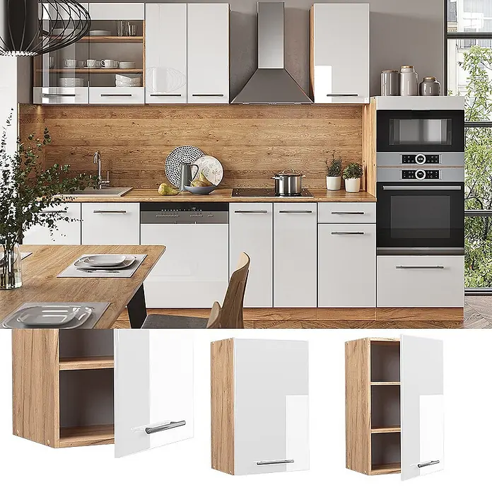 Vicco Schrankküche Fame-Line Weiß Hochglanz - Weiß Hochglanz, Hängeschrank 45 cm