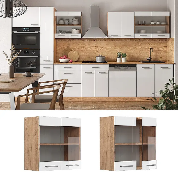 Vicco Schrankküche R-Line Weiß Hochglanz - Weiß Hochglanz, Hängeglasschrank 60 cm - Moderne Küche mit weißen Hochglanzschränken, heller Holzarbeitsplatte und -rückwand, Einbaugeräten und Esstisch.