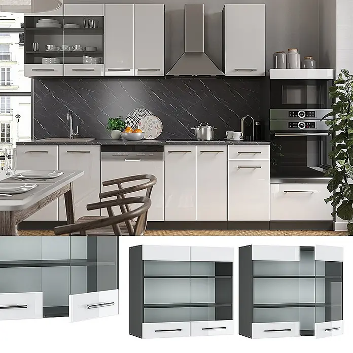 Vicco Schrankküche Fame-Line Weiß Hochglanz - Weiß Hochglanz, Hängeglasschrank 80 cm - Weiße, glänzende modulare Küchenschränke mit integrierten Geräten und Vitrinen-Hängeschränken.