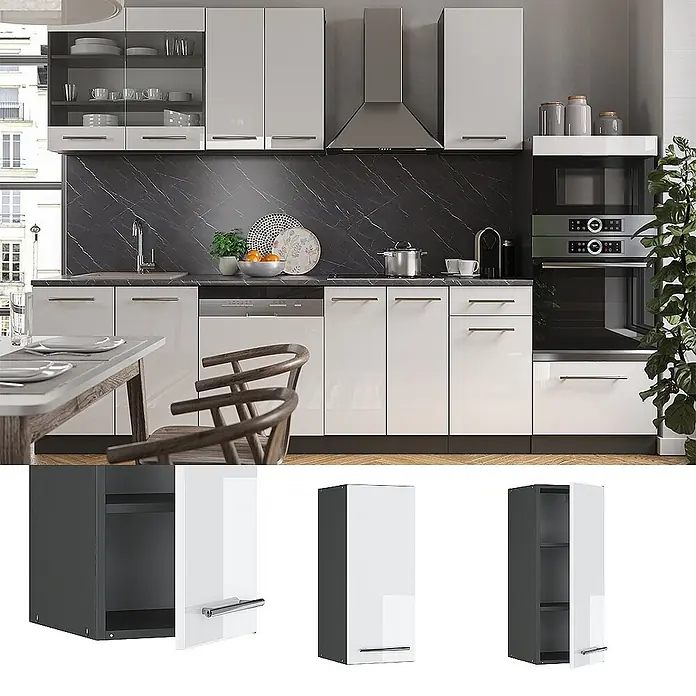 Vicco Schrankküche Fame-Line Weiß Hochglanz - Weiß Hochglanz, Hängeschrank 30 cm