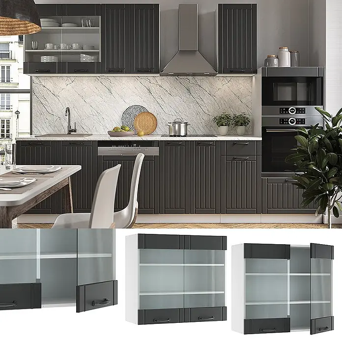 Vicco Schrankküche Fame-Line Anthrazit Landhaus - Dunkelgrau, Hängeglasschrank 80 cm