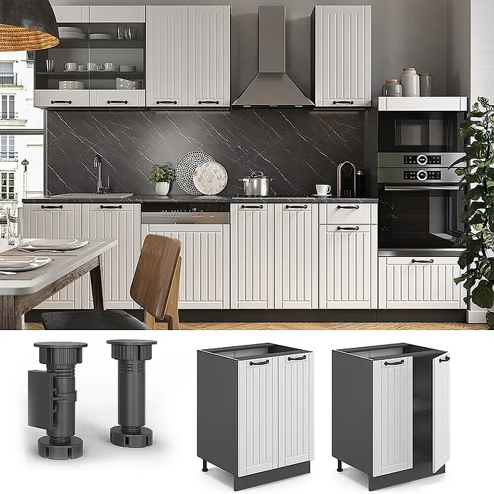 Küchenunterschrank Fame-Line 60 cm Weiß Landhaus Art.-Nr. 36050 -  - Moderne Küche mit weißen vertäfelten Schränken und schwarzen Griffen, zeigt modulare Unterschränke.