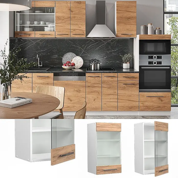 Vicco Schrankküche Fame-Line Goldkraft Eiche - Goldkraft Eiche, Hängeglasschrank 40 cm