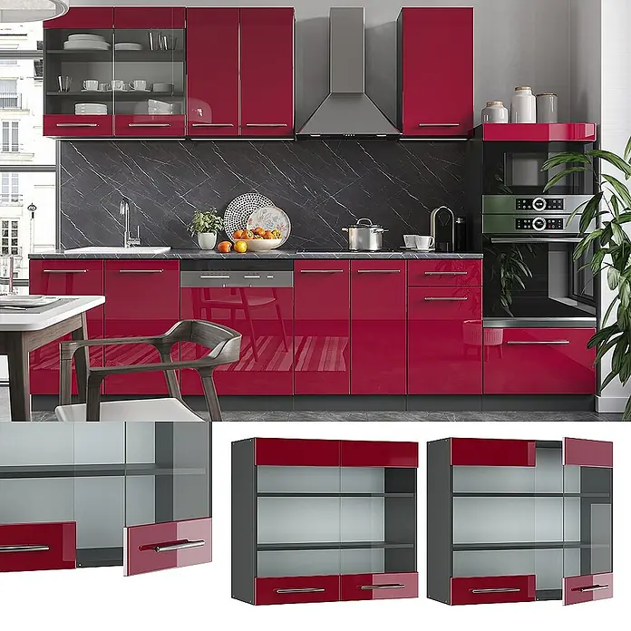 Vicco Schrankküche Fame-Line Bordeaux Hochglanz - Bordeaux Hochglanz, Hängeglasschrank 80 cm