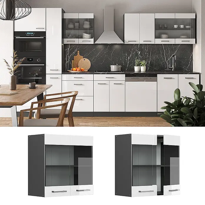 Vicco Schrankküche R-Line Weiß Hochglanz - Weiß Hochglanz, Hängeglasschrank 60 cm