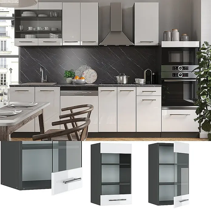 Vicco Schrankküche Fame-Line Weiß Hochglanz - Weiß Hochglanz, Hängeglasschrank 40 cm - Moderne Küche mit weißen Hochglanzschränken, dunkelgrauen Elementen und einer schwarzen Marmor-Rückwand.