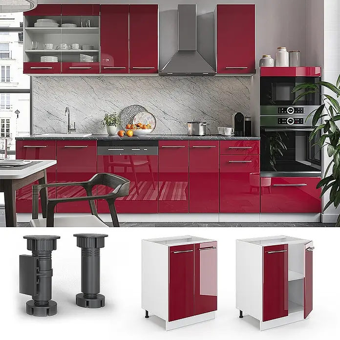 Vicco Schrankküche Fame-Line Bordeaux Hochglanz ohne Arbeitsplatte - Bordeaux Hochglanz, Unterschrank 60 cm - Moderne Küche mit roten Hochglanzschränken, inklusive Unter- und Oberschränken sowie integrierten Geräten.