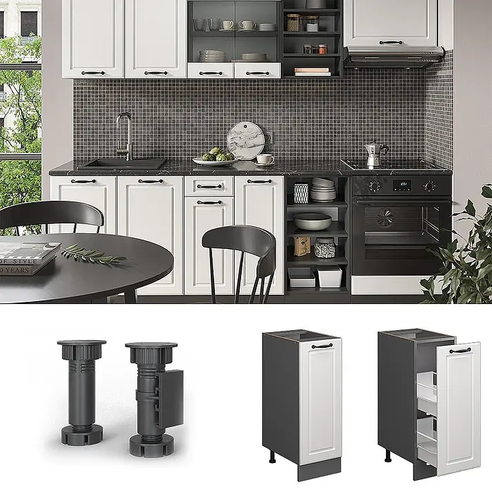 Vicco Schrankküche R-Line Weiß Landhaus ohne Arbeitsplatte - Weiß Landhaus, Apothekerunterschrank 30 cm