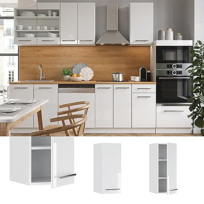 Vicco Schrankküche Fame-Line Weiß Hochglanz - Weiß Hochglanz, Hängeschrank 30 cm