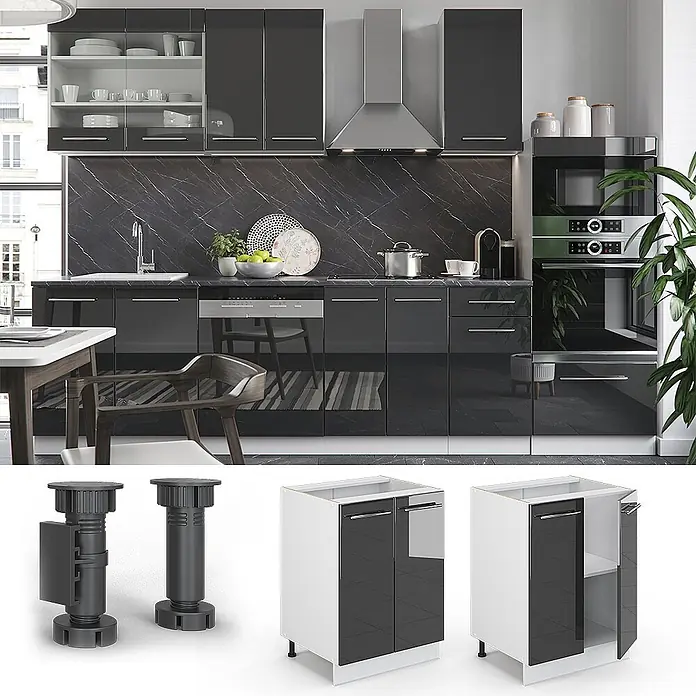 Vicco Schrankküche Fame-Line Anthrazit Hochglanz ohne Arbeitsplatte - Anthrazit Hochglanz, Unterschrank 60 cm - Moderne Küche mit hochglänzenden dunkelgrauen Schränken, schwarzer Marmor-Rückwand und integrierten Geräten.
