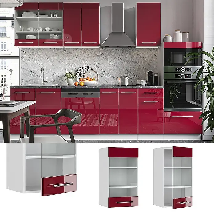 Vicco Schrankküche Fame-Line Bordeaux Hochglanz - Bordeaux Hochglanz, Hängeglasschrank 40 cm
