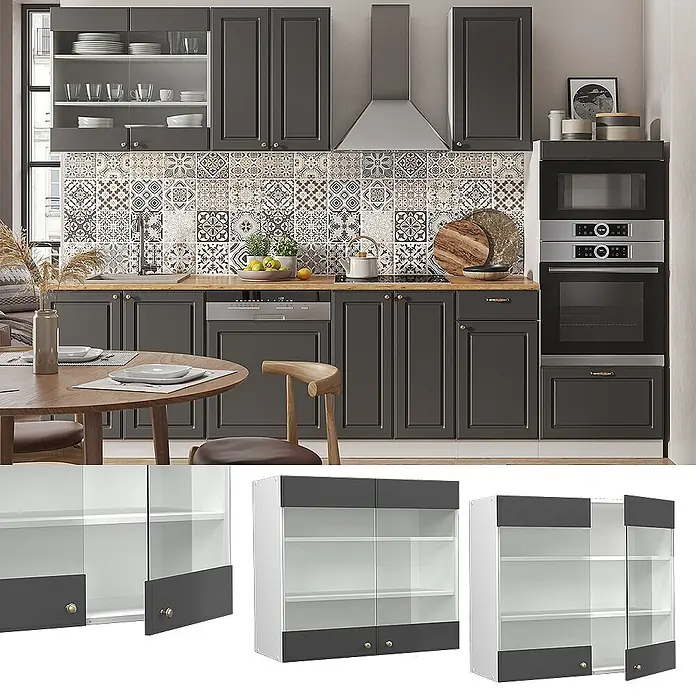 Vicco Schrankküche Fame-Line Anthrazit-Gold - Anthrazit-Gold Landhaus, Hängeglasschrank 80 cm