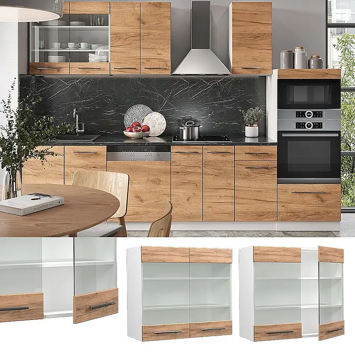 Vicco Schrankküche Fame-Line Goldkraft Eiche - Goldkraft Eiche, Hängeglasschrank 80 cm - Moderne Küchenzeile mit hellen Holzmaserungsschränken, dunklen Arbeitsplatten und integrierten Geräten. Inklusive Hängeschränken mit Glastüren.