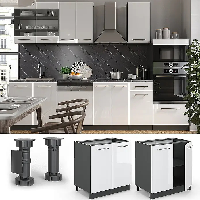 Vicco Schrankküche Fame-Line Weiß Hochglanz mit Regal, ohne Arbeitsplatte - Weiß Hochglanz, Unterschrank 80 cm