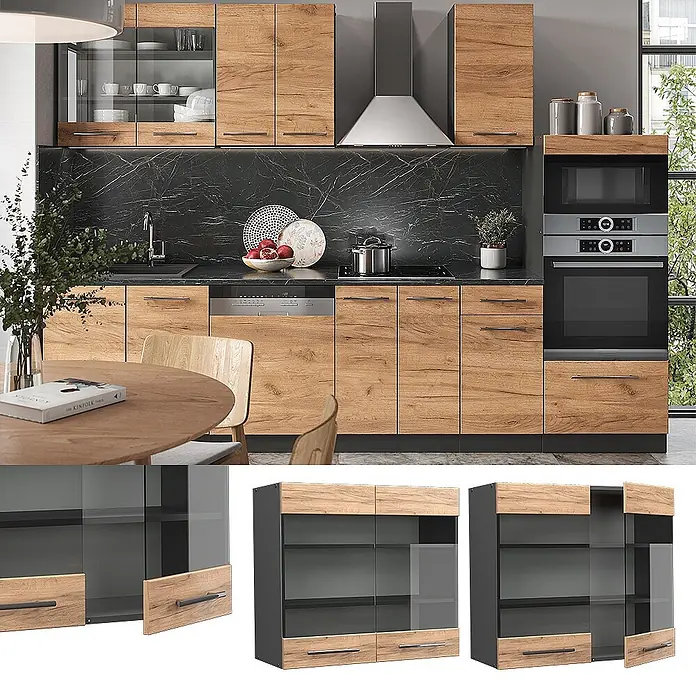 Vicco Schrankküche Fame-Line Goldkraft Eiche - Goldkraft Eiche, Hängeglasschrank 80 cm