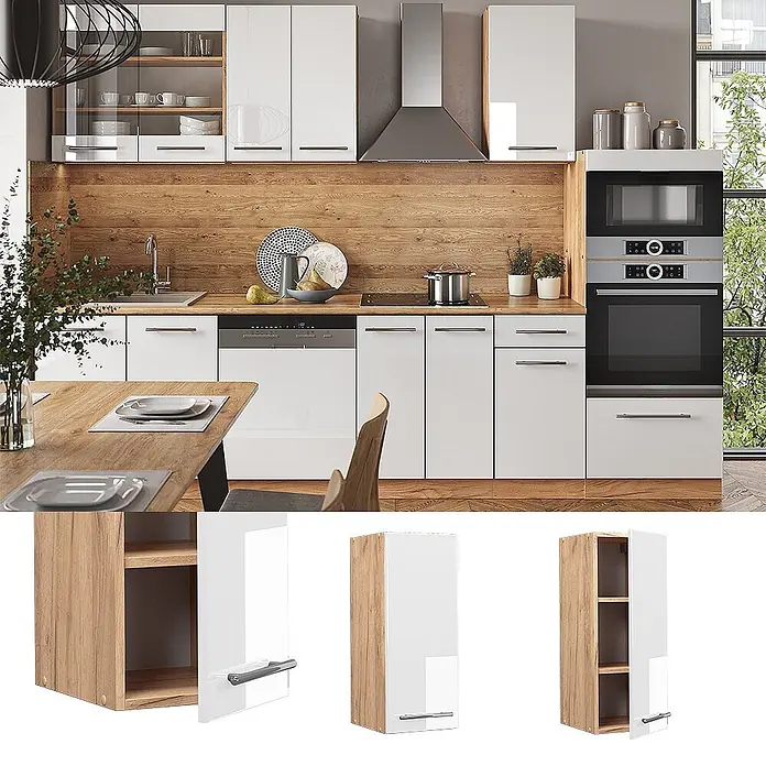 Vicco Schrankküche Fame-Line Weiß Hochglanz - Weiß Hochglanz, Hängeschrank 30 cm