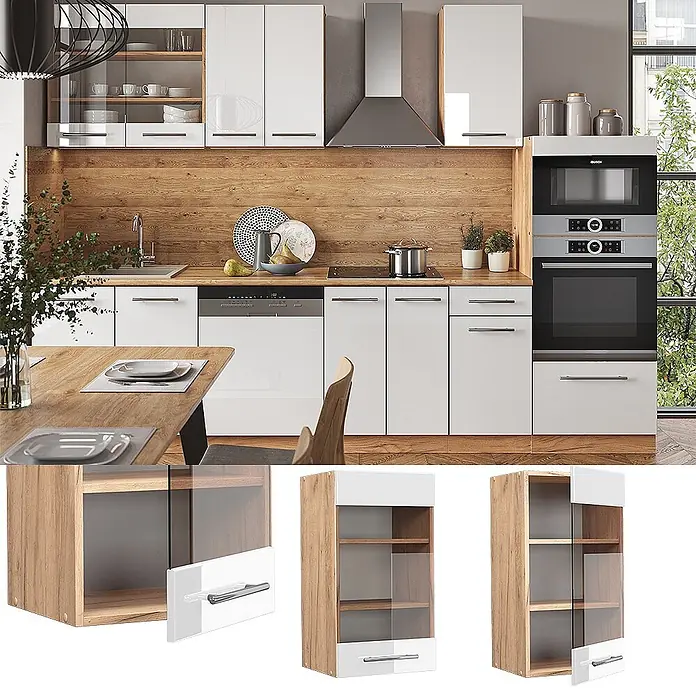 Vicco Schrankküche Fame-Line Weiß Hochglanz - Weiß Hochglanz, Hängeglasschrank 40 cm - Moderne weiße Küchenschränke mit Holzoptik-Arbeitsplatten und integrierten Geräten.