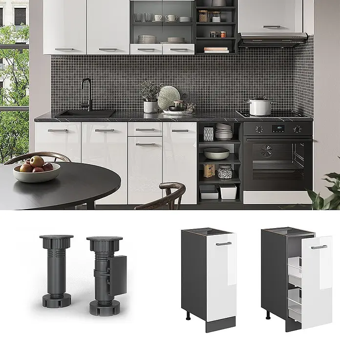 Vicco Schrankküche R-Line Weiß Hochglanz ohne Arbeitsplatte - Weiß Hochglanz, Apothekerunterschrank 30 cm