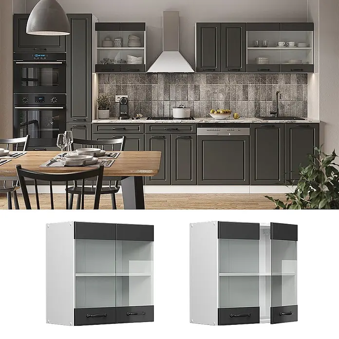 Vicco Schrankküche R-Line Anthrazit Landhaus - Anthrazit Landhaus, Hängeglasschrank 60 cm - Weißer Küchenwandschrank mit dunkelgrauen und gläsernen Türen, zwei Türen und Innenregalen.