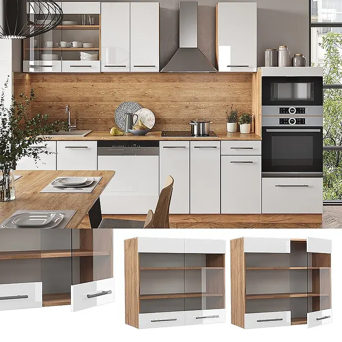 Vicco Schrankküche Fame-Line Weiß Hochglanz - Weiß Hochglanz, Hängeglasschrank 80 cm - Weiße Hochglanz-Modulküchenschränke mit Holz Akzenten, integrierten Geräten und einem Essbereich.
