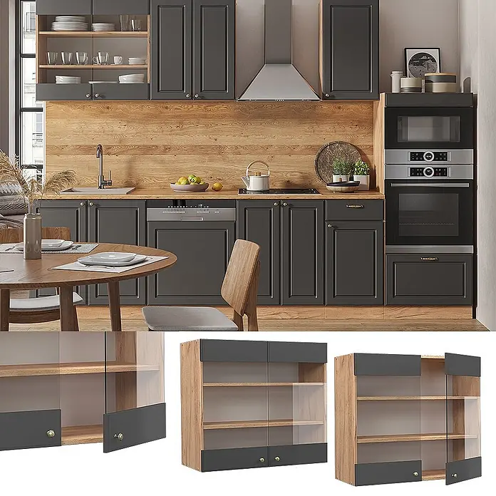 Vicco Schrankküche Fame-Line Anthrazit-Gold - Anthrazit-Gold Landhaus, Hängeglasschrank 80 cm