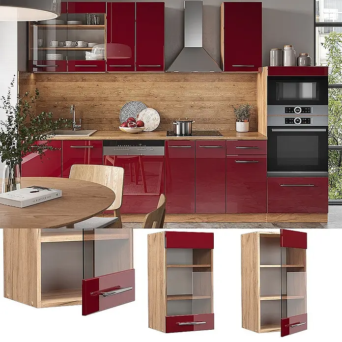 Vicco Schrankküche Fame-Line Bordeaux Hochglanz - Bordeaux Hochglanz, Hängeglasschrank 40 cm