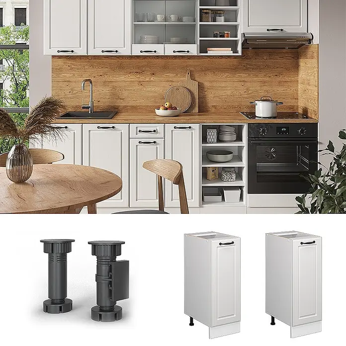 Vicco Schrankküche R-Line Weiß Landhaus ohne Arbeitsplatte - Weiß Landhaus, Apothekerunterschrank 30 cm