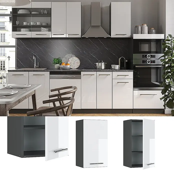 Vicco Schrankküche Fame-Line Weiß Hochglanz - Weiß Hochglanz, Hängeschrank 40 cm