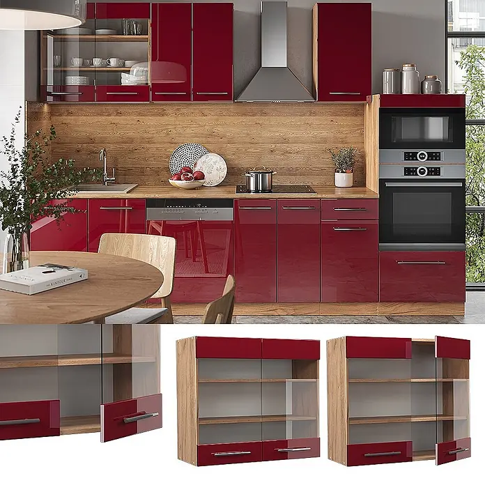 Vicco Schrankküche Fame-Line Bordeaux Hochglanz - Bordeaux Hochglanz, Hängeglasschrank 80 cm