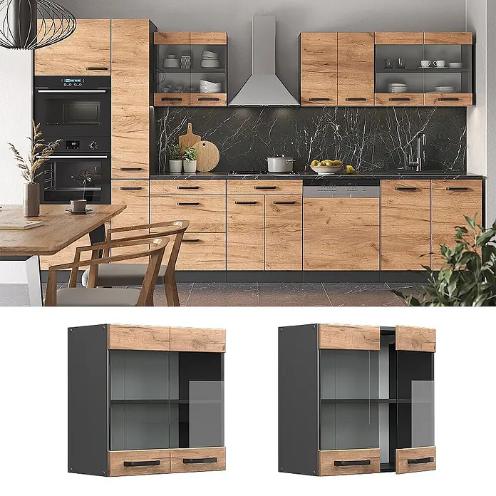 Vicco Schrankküche R-Line Goldkraft Eiche - Goldkraft Eiche, Hängeglasschrank 60 cm