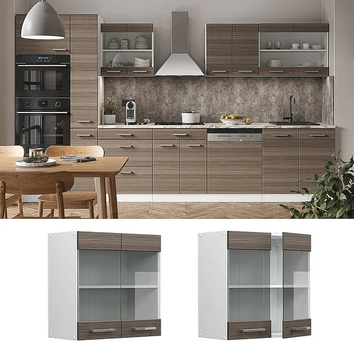Vicco Schrankküche R-Line Edelgrau - Edelgrau, Hängeglasschrank 60 cm - Wandhängender Küchenschrank mit Holzmaserungsfronten, Glastüren und zwei Schubladen, weiße Seiten.