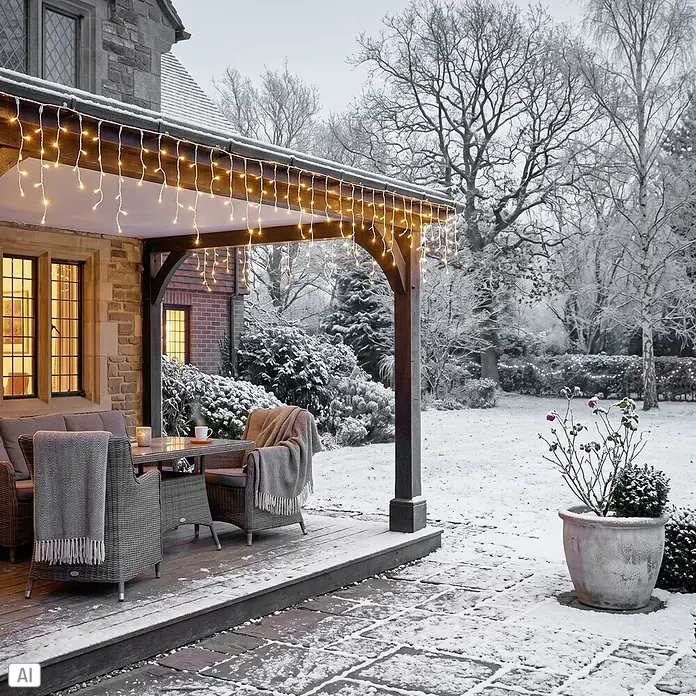 Nordstern LED-Lichterkette Eisregen - Außen, Lichtfarbe: Warmweiß, Anzahl Leuchtmittel: 400 Stk., Netzbetrieben - Warmweiße Eiszapfenlichter beleuchten ein Terrassendach und schaffen eine gemütliche Atmosphäre in einer verschneiten Gartenszene.