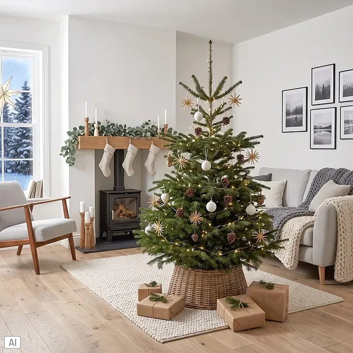 Nordstern LED-Lichterkette - Außen, Lichtfarbe: Warmweiß, Anzahl Leuchtmittel: 100 Stk., Netzbetrieben - Ein geschmückter Weihnachtsbaum in einem Wohnzimmer, mit Geschenken an seiner Basis.