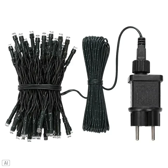 Nordstern LED-Lichterkette - Außen, Lichtfarbe: Warmweiß, Anzahl Leuchtmittel: 100 Stk., Netzbetrieben - Schwarze LED-Lichterkette mit klaren Birnen, aufgewickelt und mit einem schwarzen Netzteil verbunden.