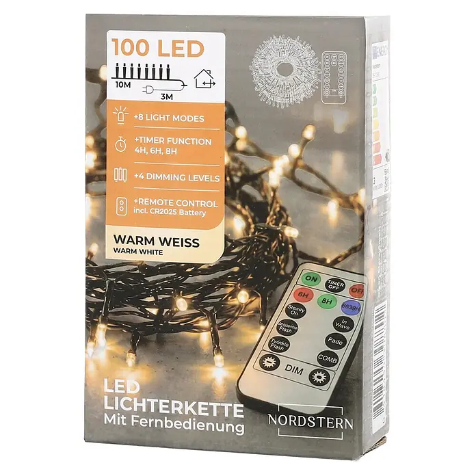 Nordstern LED-Lichterkette - Außen, Lichtfarbe: Warmweiß, Anzahl Leuchtmittel: 100 Stk., Netzbetrieben - Verpackung für 100 warmweiße LED Lichterkette, 10m, mit Fernbedienung.